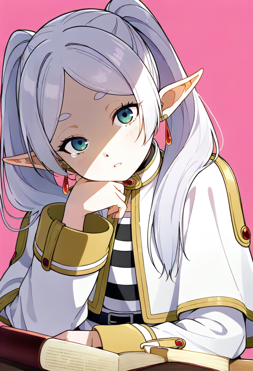 01186-2985667332-1girl,frieren,sousou no frieren,aqua eyes,capelet,closed mouth,earrings,elf,expressionless,head rest,jewelry,long sleeves,lookin.png